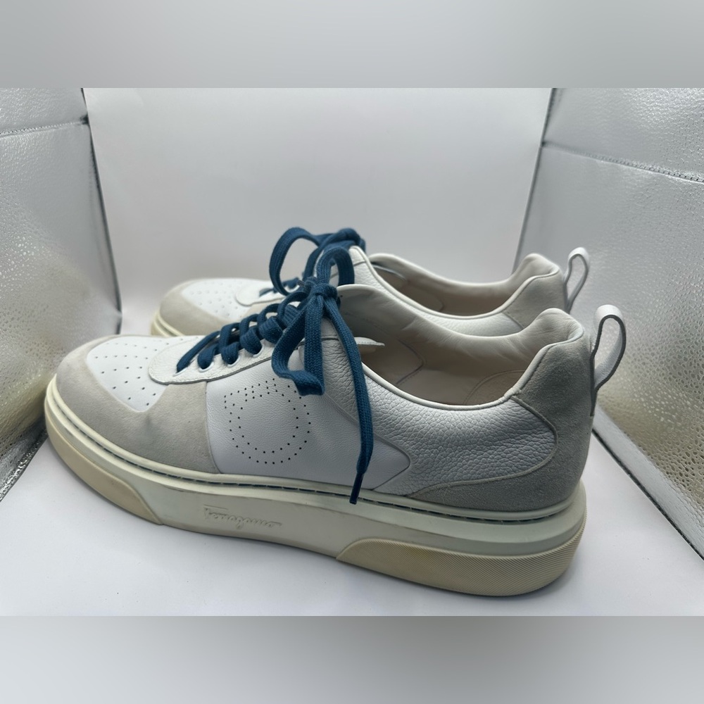 Ferragamo men’s size 14 leather low top white sneakers with suede trim.